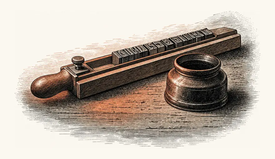 Wood engraving of a printer's composing stick holding a row of metal type, beside a small ink pot on a wooden bench.