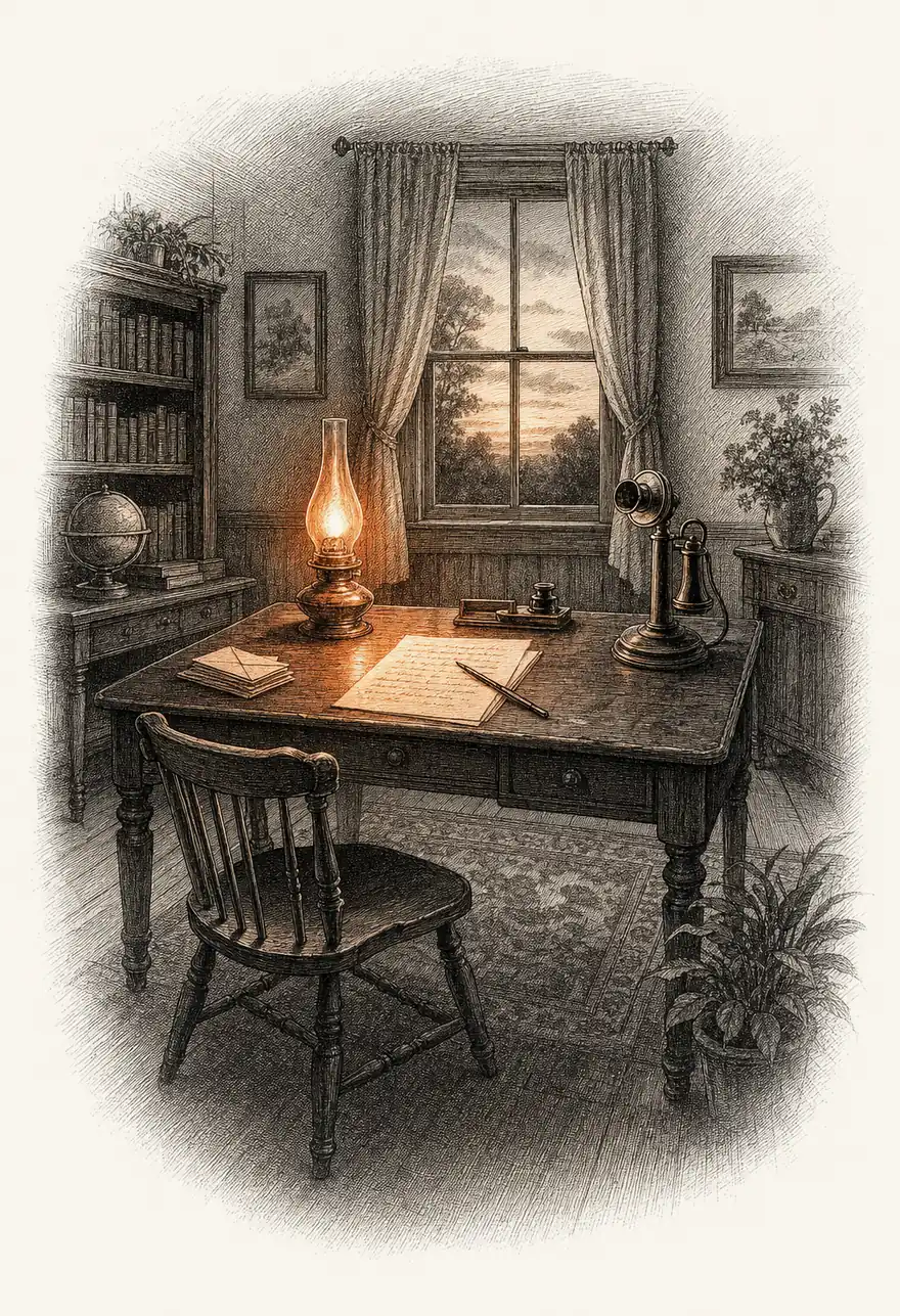 Wood engraving of a writer's desk in a warm study: a lit oil lamp shines on a half-written letter with a pen resting across it, beside a stack of envelopes and an old candlestick telephone, with a curtained window behind.