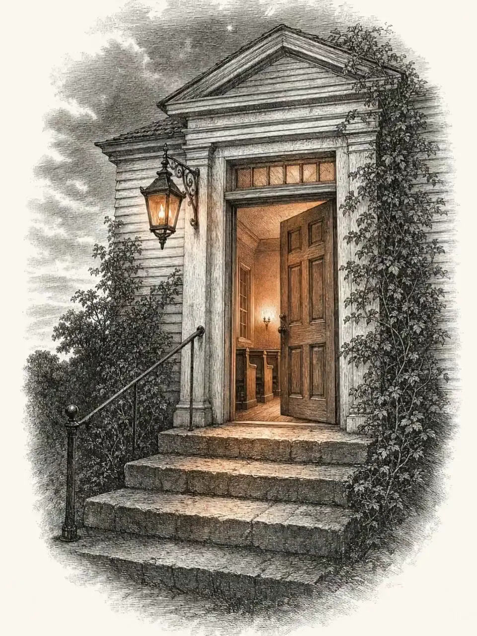 Wood engraving of a small meeting house at dusk. Its front door stands open, and warm lamplight spills from the doorway and a porch lantern down the stone steps.