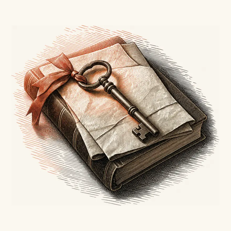 Wood engraving of an iron door key with a ribbon through its bow, resting on a folded deed on top of a clothbound book.