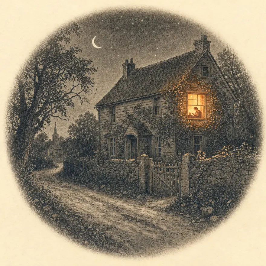 Wood engraving of a cottage on a dark lane at night. One upstairs window glows with warm lamplight, where a figure sits reading, and a steeple stands far down the lane.