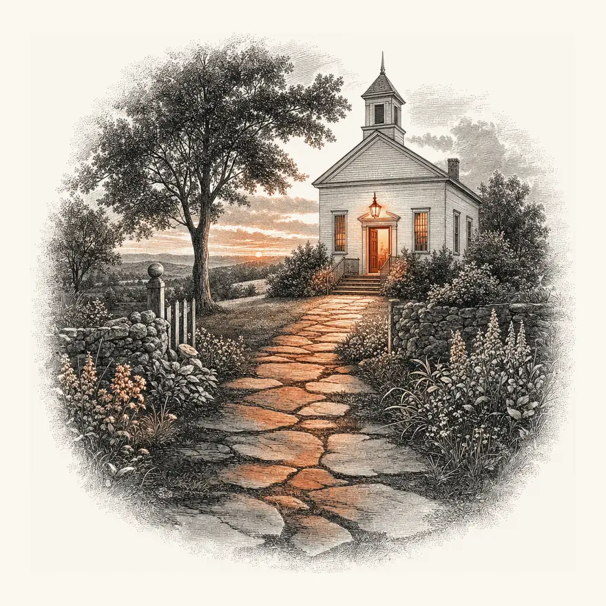Wood engraving of a flagstone path leading through a garden gate toward a small meeting house at sunset, its windows and open door glowing warmly.